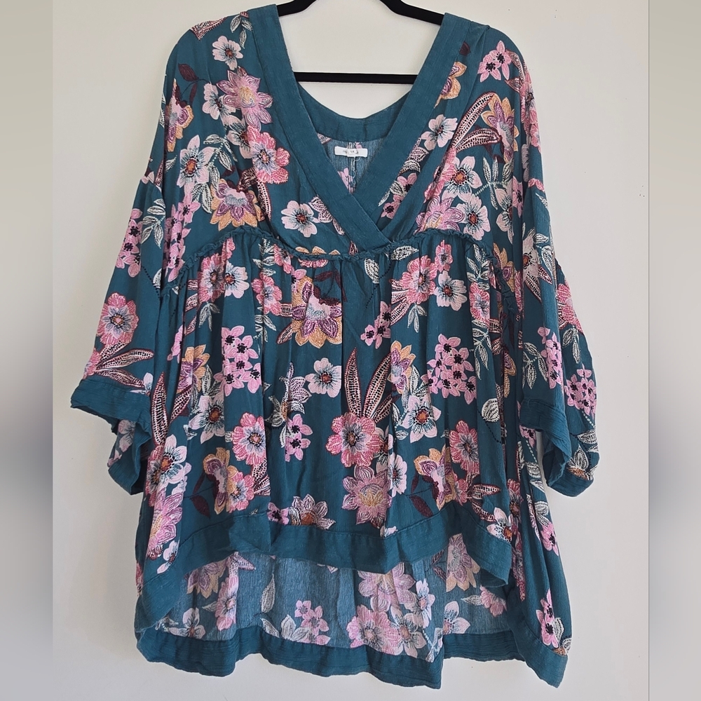 Maurices Teal Floral Tunic Kimono Top Size 1XL